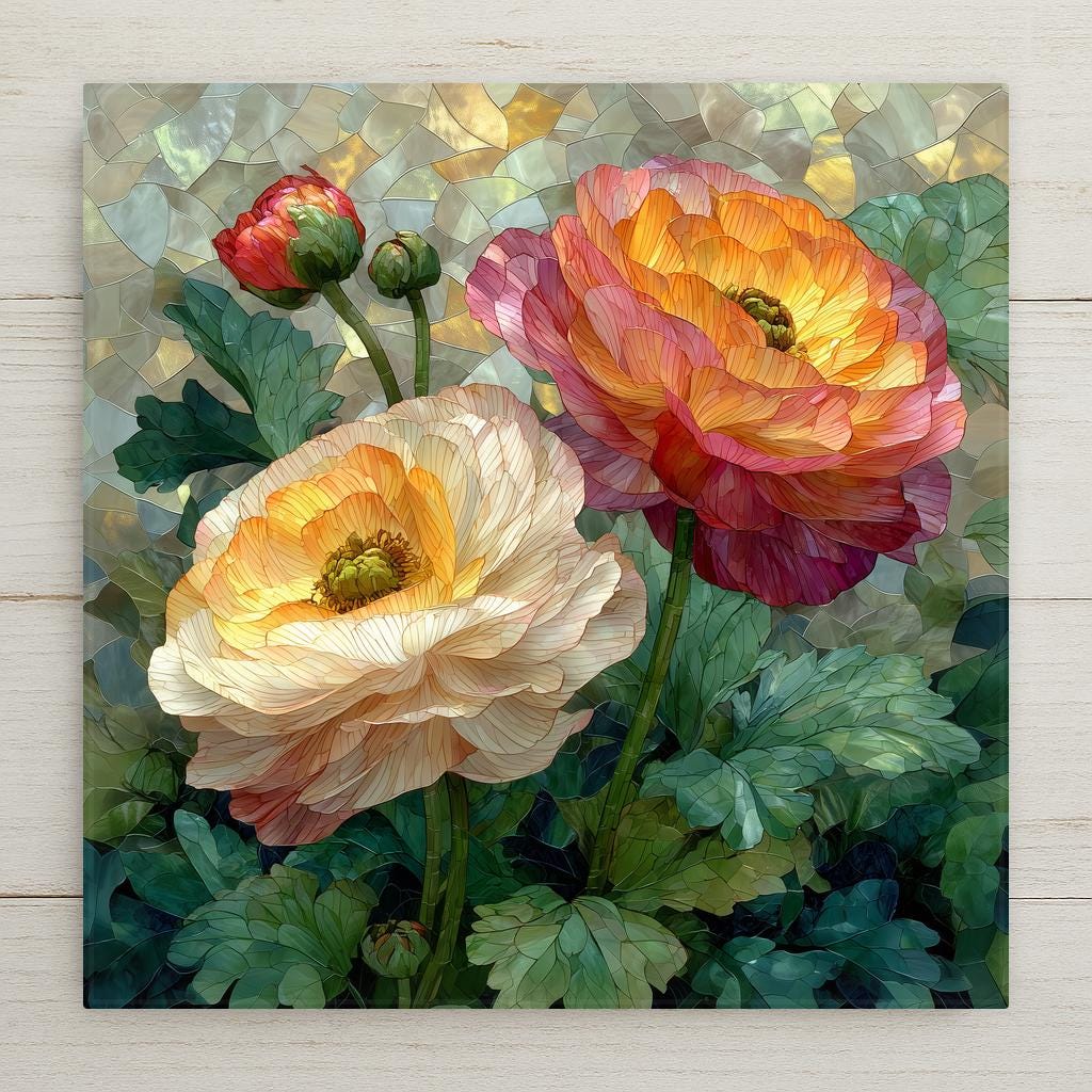 Stained glass style ceramic tile of ranunculus blooms in layered blush pink and cream, dozens of delicate petals rendered with precise geometric leading lines, soft green cottage garden foliage framing the flowers against a pearl white background.