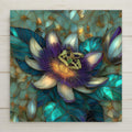 Stained glass style ceramic tile of a passionflower in full bloom, intricate purple and white corona filaments radiating from a central star, dark green deeply lobed leaves framing the flower against a soft sage background.