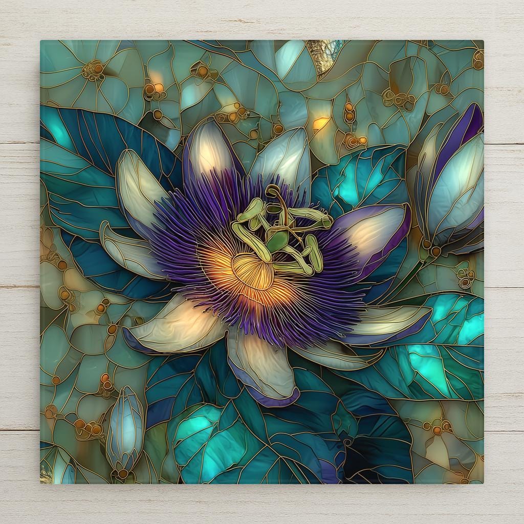 Stained glass style ceramic tile of a passionflower in full bloom, intricate purple and white corona filaments radiating from a central star, dark green deeply lobed leaves framing the flower against a soft sage background.
