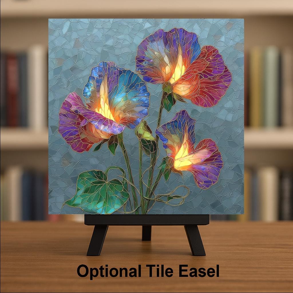 Sweet Pea Ceramic Art Tile – Stained Glass Style, Cottage Garden Floral Art, Lavender Pink Vine, English Garden Gift