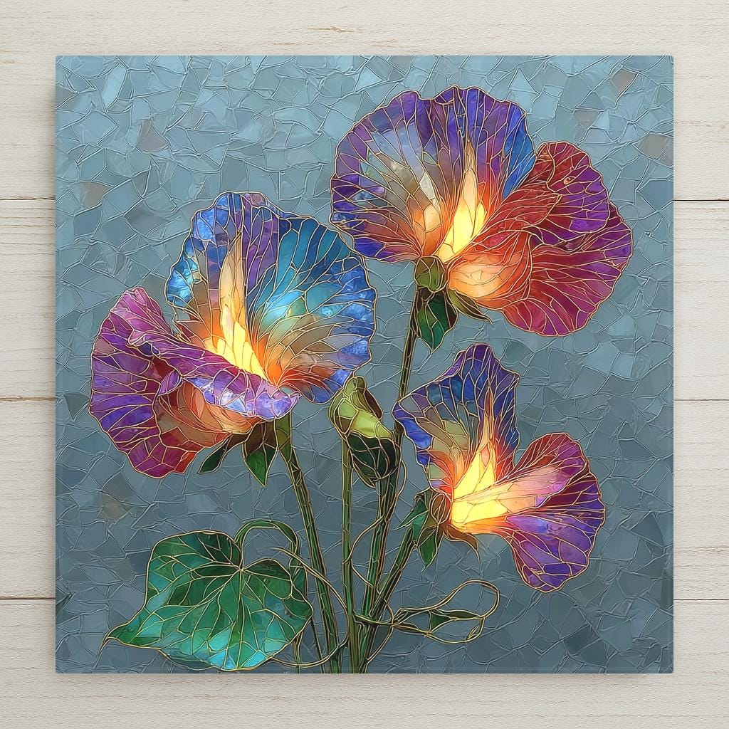 Stained glass style ceramic tile of sweet pea flowers climbing a garden trellis, lavender and blush pink ruffled blooms with delicate tendrils curling through green foliage against a soft morning sky background.