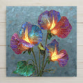 Stained glass style ceramic tile of sweet pea flowers climbing a garden trellis, lavender and blush pink ruffled blooms with delicate tendrils curling through green foliage against a soft morning sky background.