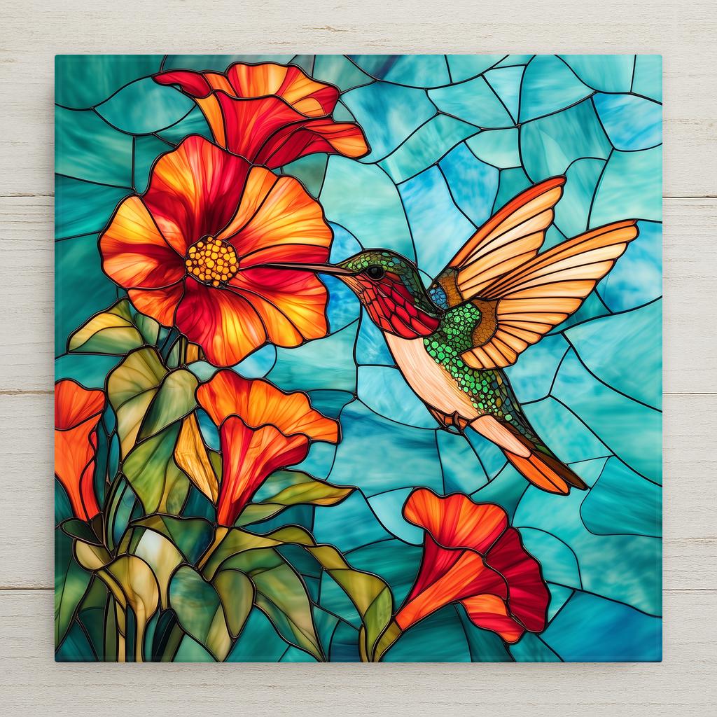Stained glass style hummingbird ceramic tile with an iridescent hummingbird hovering at crimson red trumpet vine flowers against deep cobalt teal, a vivid bird lover gift.