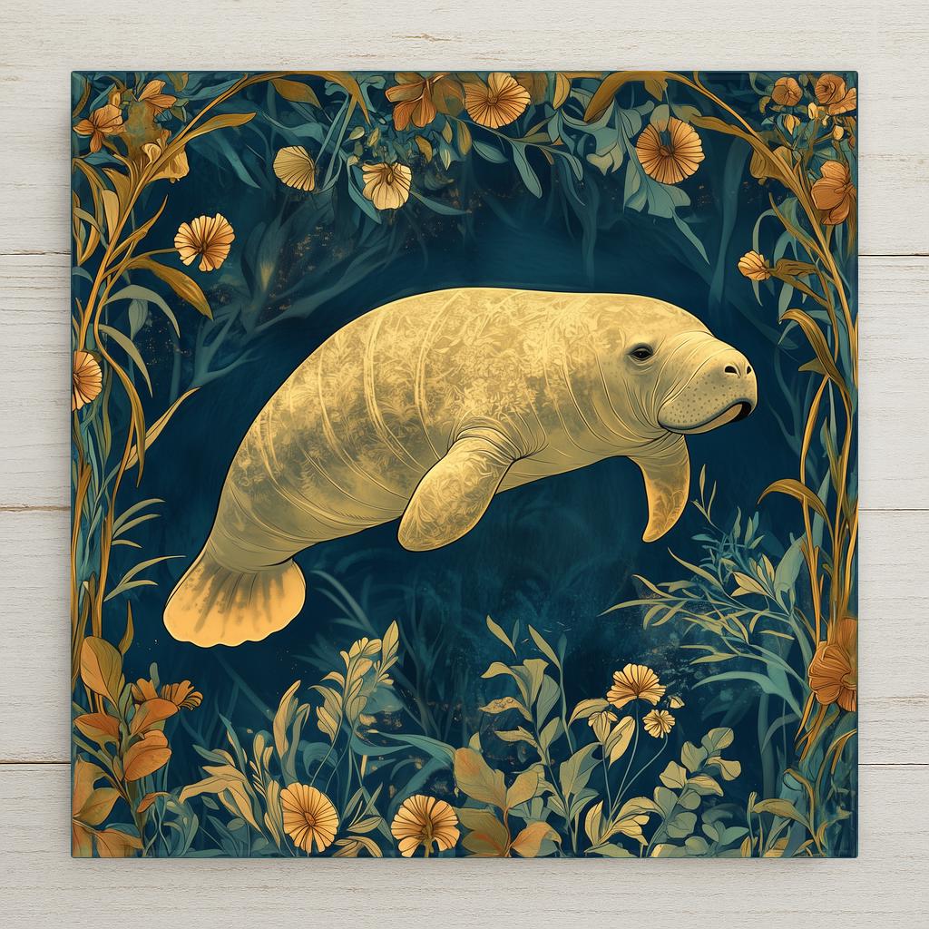 William Morris style manatee ceramic tile with a gentle sea cow swimming through intricate teal botanical seagrass and warm gold florals, a vivid manatee lover gift.