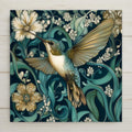 William Morris style hummingbird ceramic tile with an iridescent hummingbird in flight among cascading botanical flowers in deep teal and warm gold, a vivid bird lover gift.