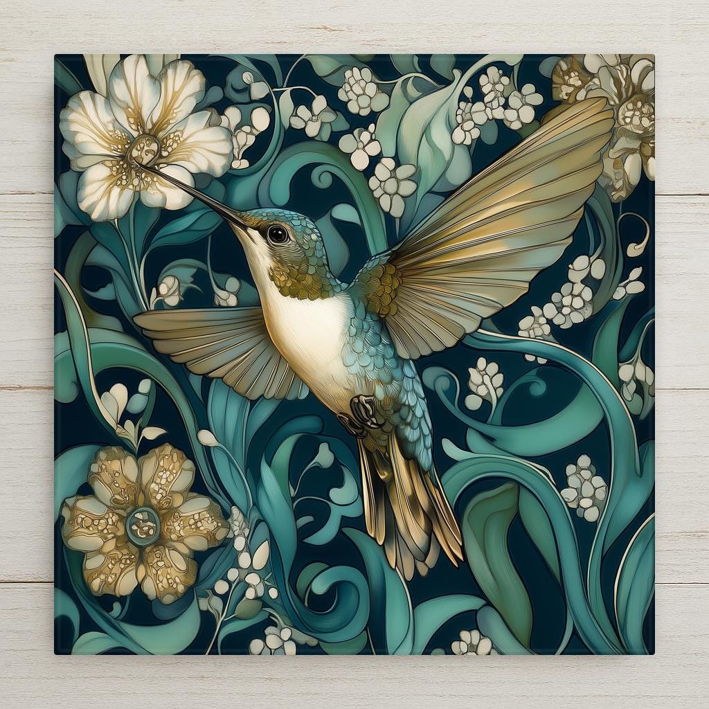 William Morris style hummingbird ceramic tile with an iridescent hummingbird in flight among cascading botanical flowers in deep teal and warm gold, a vivid bird lover gift.