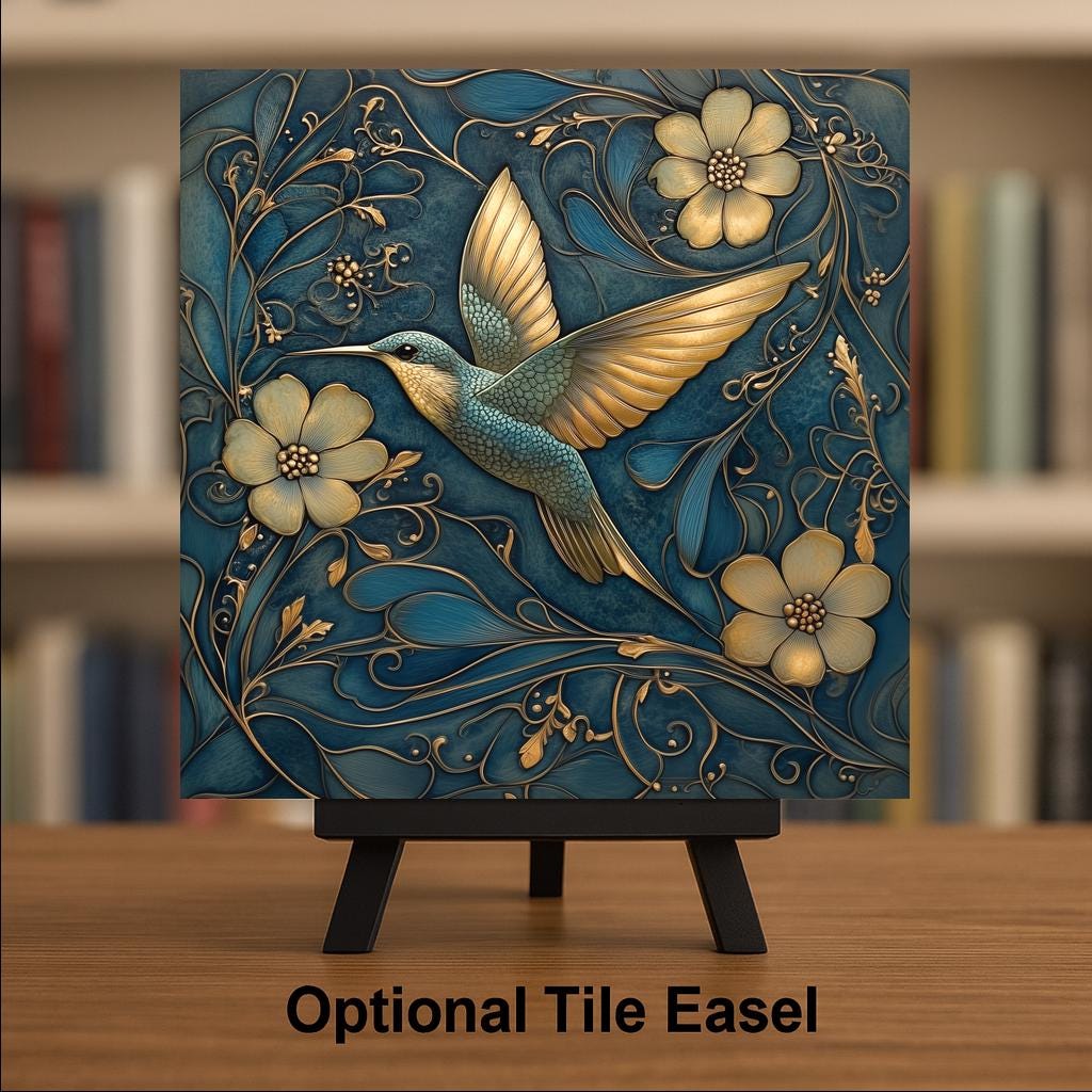 Hummingbird Ceramic Art Tile – William Morris Style, Art Nouveau Bird Lover Gift, Birdwatcher Botanical Art