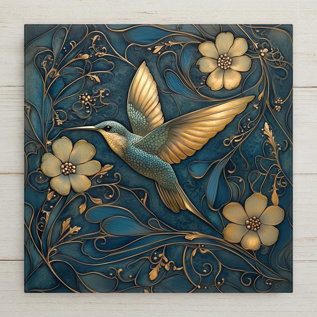 William Morris style hummingbird ceramic tile with an iridescent teal and gold hummingbird in flight among cascading gold botanical flowers on deep teal, a vivid bird lover gift.