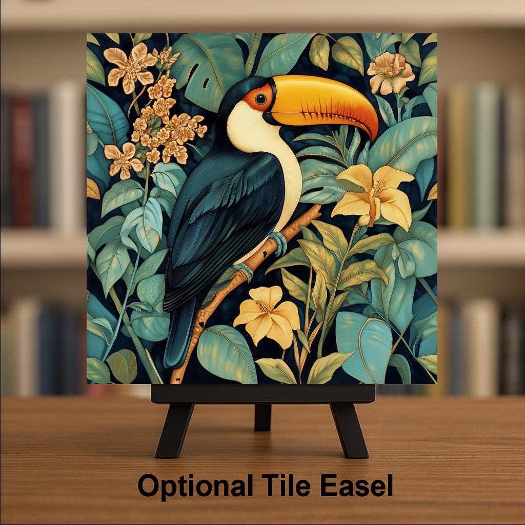 Toucan Wall Art Ceramic Tile William Morris Style Bird Lover Gift Tropical Botanical Decor Rainforest Art Nature Tile