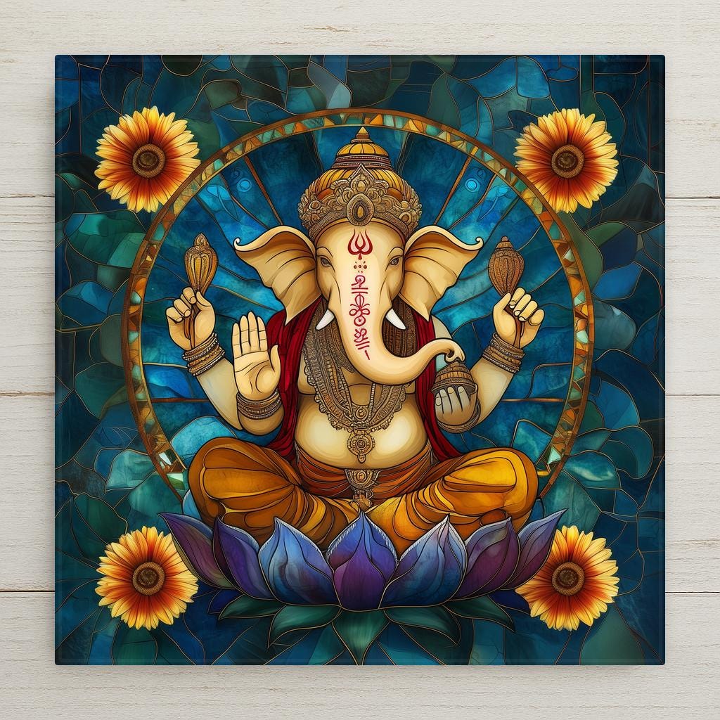 Stained glass style Ganesha ceramic tile with a golden elephant deity seated in lotus position surrounded by cobalt teal and cascading sacred marigolds and geometric detail, a vivid spiritual gift.