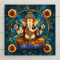 Stained glass style Ganesha ceramic tile with a golden elephant deity seated in lotus position surrounded by cobalt teal and cascading sacred marigolds and geometric detail, a vivid spiritual gift.