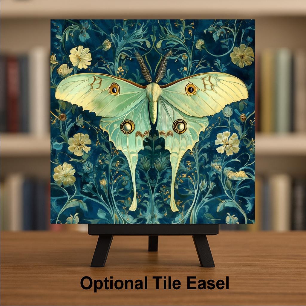 Luna Moth Wall Art Ceramic Tile William Morris Style Moth Lover Gift Botanical Decor Cottagecore Art Nature Gift Tile
