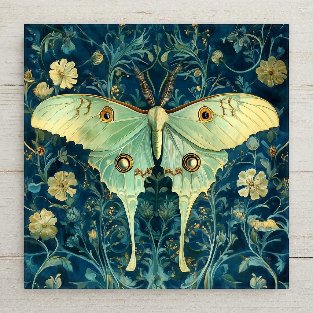 William Morris style luna moth ceramic tile with pale jade green wings among cascading night-blooming botanical flowers in deep teal, a vivid cottagecore nature gift.