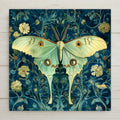 William Morris style luna moth ceramic tile with pale jade green wings among cascading night-blooming botanical flowers in deep teal, a vivid cottagecore nature gift.