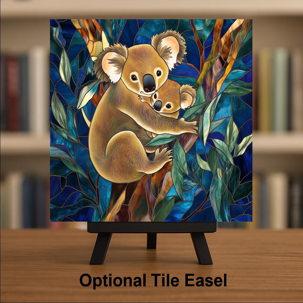 Mother and Baby Koala Stained Glass Style Ceramic Art Tile – Koala Nursery Wall Decor, Australian Eucalyptus Accent