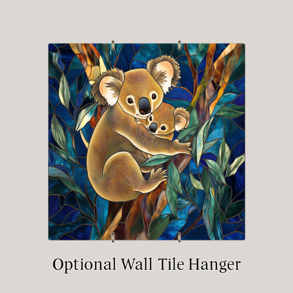 Mother and Baby Koala Stained Glass Style Ceramic Art Tile – Koala Nursery Wall Decor, Australian Eucalyptus Accent
