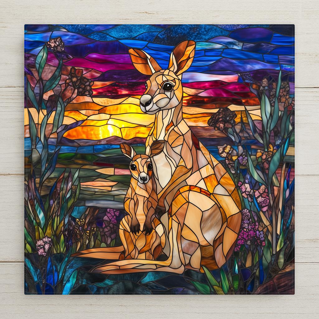 Stained glass style kangaroo ceramic tile with a warm amber mother kangaroo and joey in pouch against deep cobalt teal outback sunset, a vivid Australia gift or mother baby wildlife art.