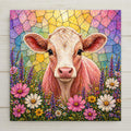 Stained glass style ceramic tile of a soft-eyed baby calf with golden-pink fur nestled among a wildflower meadow of pink cosmos, white daisies, and purple lupines, with a luminous rainbow stained glass sky glowing in warm yellows, pinks, and teals behind it.v