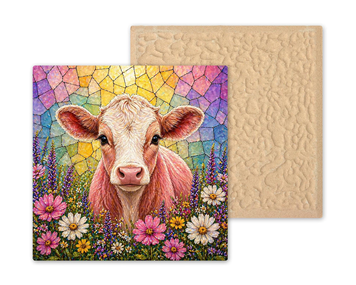 Baby Calf Wall Art Ceramic Tile Stained Glass Style Farmhouse Decor Nursery Gift Baby Cow Art Country Home Gift Tile