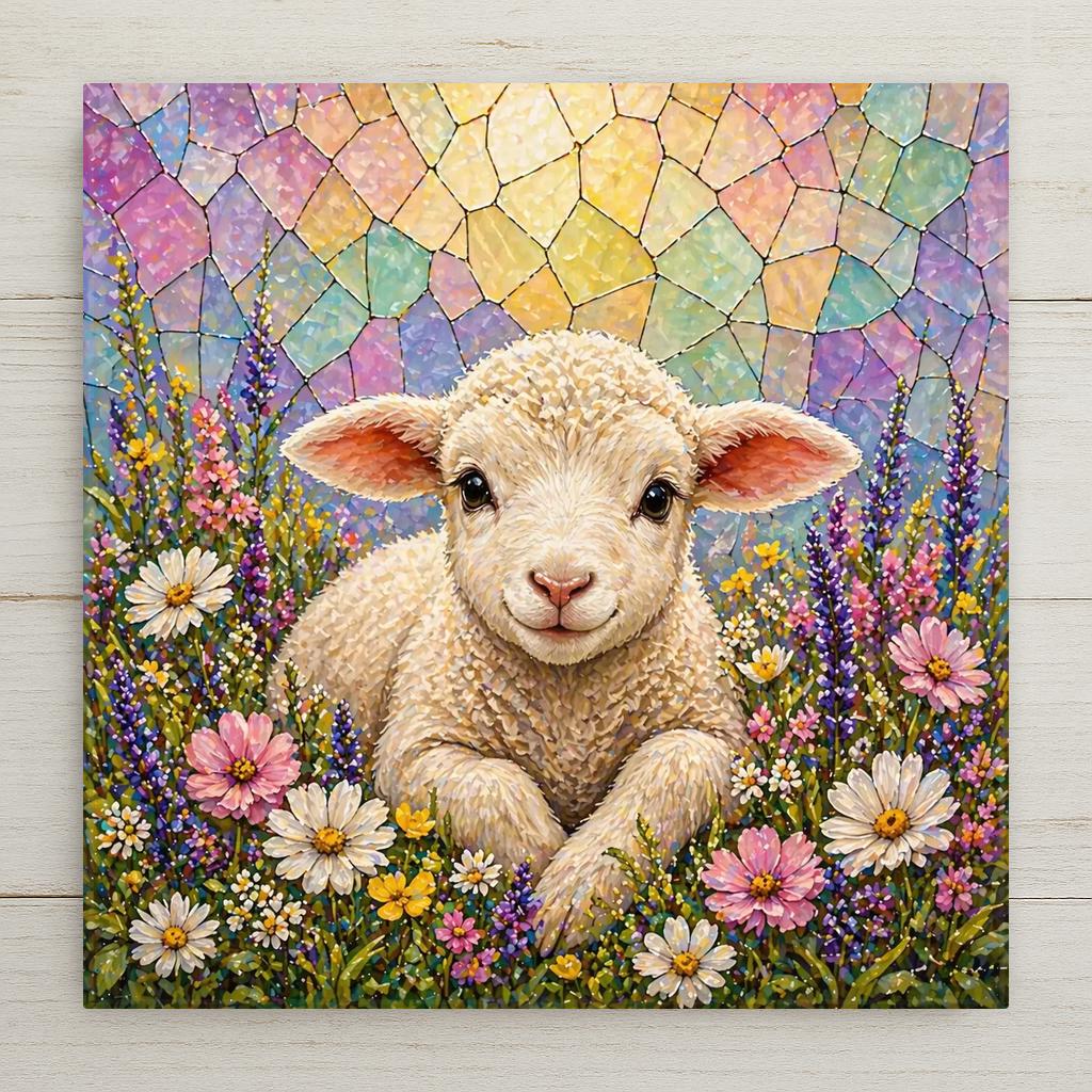 Stained glass style ceramic tile of a fluffy white baby lamb resting contentedly among a spring wildflower meadow of pink cosmos, white daisies, and purple lupines, with a soft luminous stained glass sky in pastel yellows, pinks, and muted teals glowing behind it.