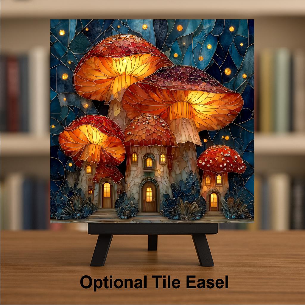 Mushroom Village Wall Art Ceramic Tile Stained Glass Style Fantasy Gift Fairy House Decor Woodland Nature Art Cottage Gift