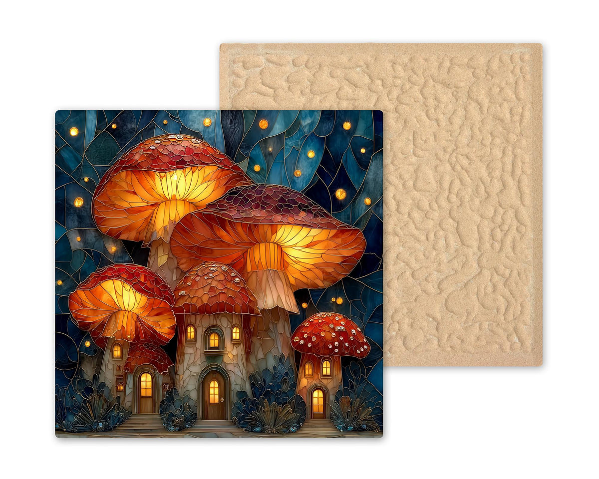 Mushroom Village Wall Art Ceramic Tile Stained Glass Style Fantasy Gift Fairy House Decor Woodland Nature Art Cottage Gift