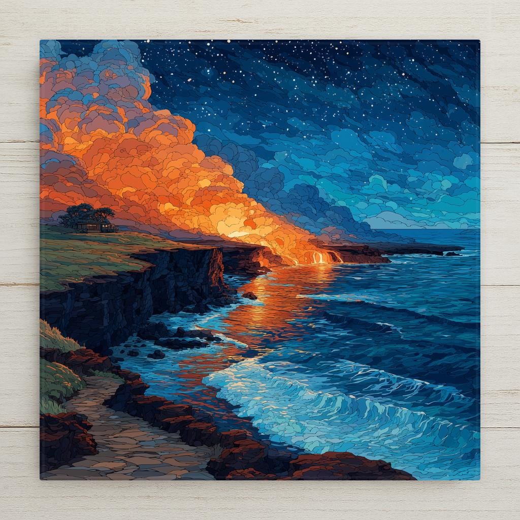 Hawaii Volcanoes National Park ceramic tile wall art showing active lava flow meeting the ocean at night with glowing orange magma against deep blue water and steam rising under tropical stars