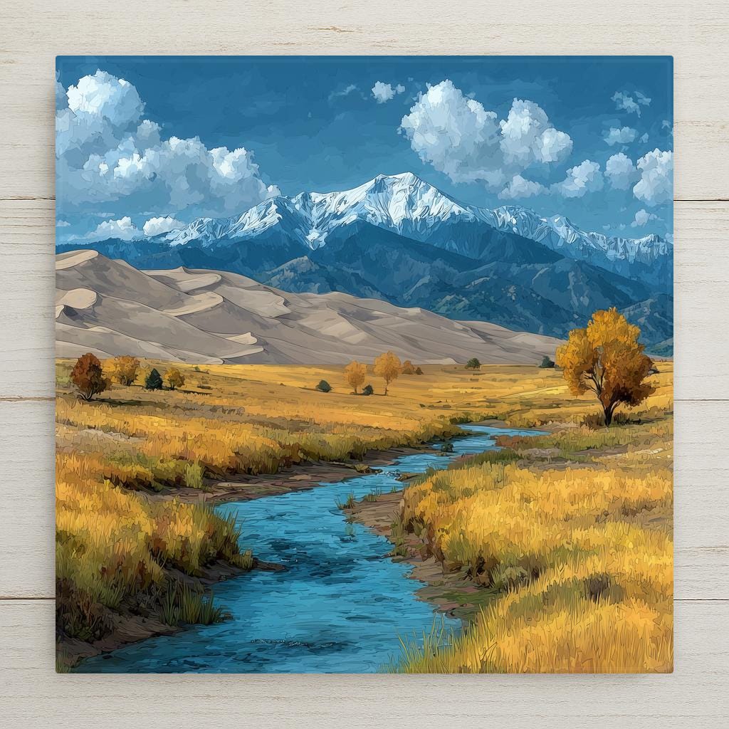 Great Sand Dunes National Park Colorado ceramic tile wall art showing massive golden sand dunes rising against snow-capped Sangre de Cristo Mountains with Medano Creek in the foreground