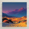 Death Valley National Park ceramic tile wall art showing Mesquite Flat Sand Dunes at sunrise with rolling golden dunes casting deep shadows and Panamint Mountains silhouetted in blue-purple in the distance