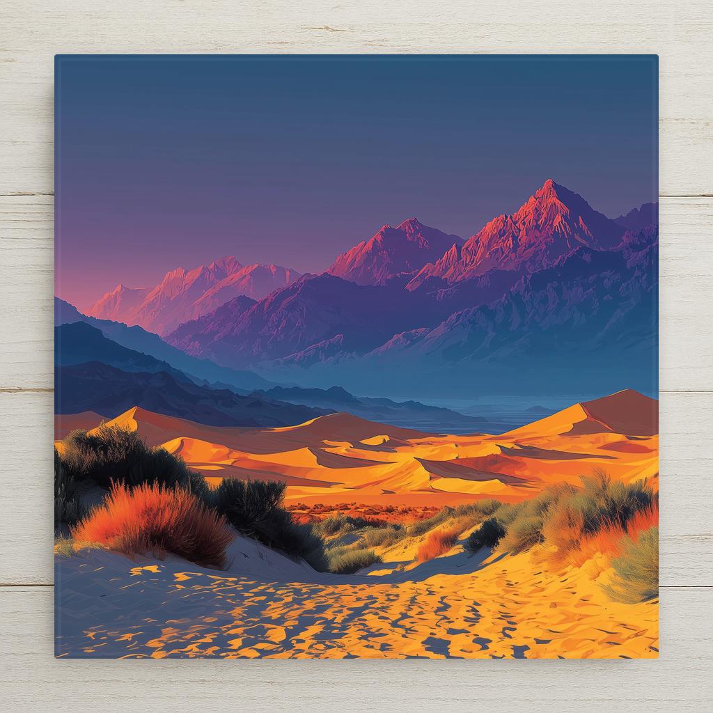 Death Valley National Park ceramic tile wall art showing Mesquite Flat Sand Dunes at sunrise with rolling golden dunes casting deep shadows and Panamint Mountains silhouetted in blue-purple in the distance