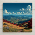 Shenandoah Valley Virginia ceramic tile wall art showing Blue Ridge Mountains in layered blue haze from Skyline Drive with peak fall foliage in crimson and gold and valley farmland far below