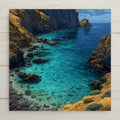 Channel Islands National Park California ceramic tile wall art showing dramatic sea cliffs of Santa Cruz Island above turquoise Pacific with kelp forest visible below clear water and sea lions on rocky shore
