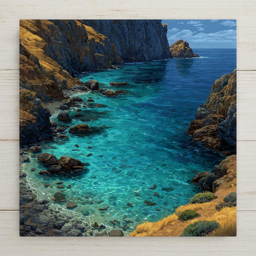 Channel Islands National Park California ceramic tile wall art showing dramatic sea cliffs of Santa Cruz Island above turquoise Pacific with kelp forest visible below clear water and sea lions on rocky shore