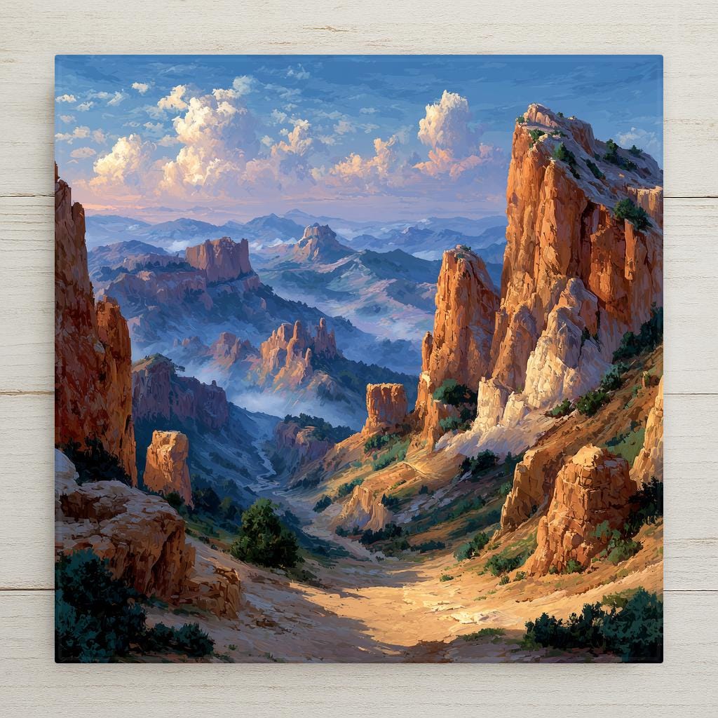 Bryce Canyon Utah ceramic tile wall art showing towering orange and red hoodoo formations glowing in warm golden sunrise light with deep blue sky above dramatic canyon landscape