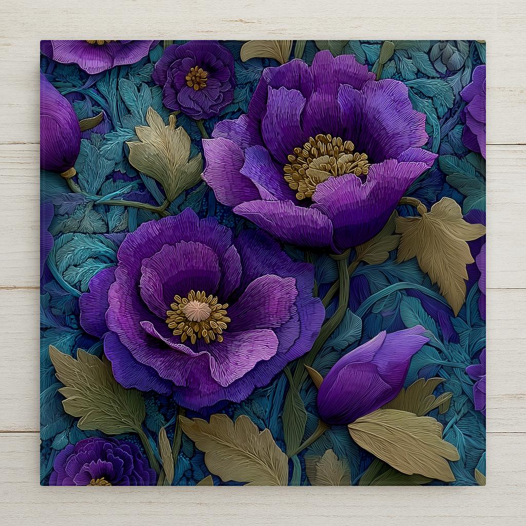 Violet flower ceramic tile wall art in Art Nouveau William Morris style with ornate flowing botanical design showing intertwining violet stems and leaves with decorative scrollwork in violet and sage green