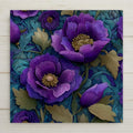 Violet flower ceramic tile wall art in Art Nouveau William Morris style with ornate flowing botanical design showing intertwining violet stems and leaves with decorative scrollwork in violet and sage green