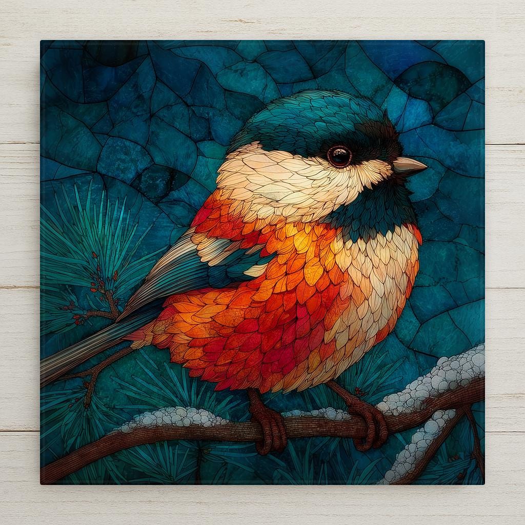 Chickadee ceramic tile wall art in stained glass style showing bold black-capped chickadee perched on winter branch with jewel tones and luminous lead line segmentation against deep blue sky