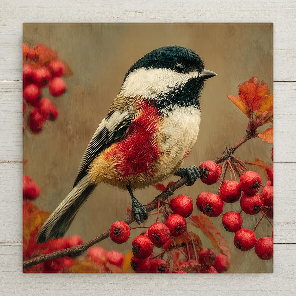 Chickadee state bird ceramic tile wall art showing black-capped chickadee on autumn branch with red berries and New England fall foliage in background in warm crimson and gold tones