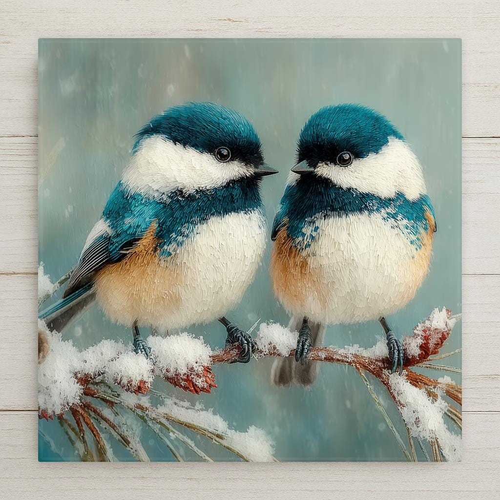 Chickadee ceramic tile wall art showing two chickadees with fluffy winter plumage perched on snow-covered pine branch in winter woodland with soft blue-white snow and warm cabin feeling