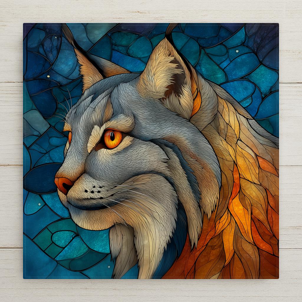Canada lynx ceramic tile wall art in stained glass style showing silver-grey wild cat with amber eyes and tufted ears with jewel tones and luminous lead line segmentation in winter forest