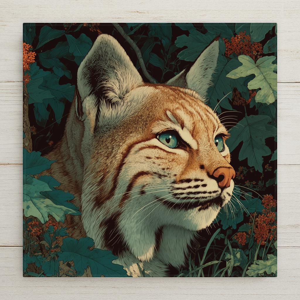 Bobcat ceramic tile wall art showing spotted wild cat partially visible in dappled woodland light with characteristic short tail and tufted ears in rich earth tones