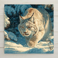 Canada lynx ceramic tile wall art showing silver wild cat walking through deep snow in winter boreal forest with snow-laden spruce branches and cool blue-white winter light