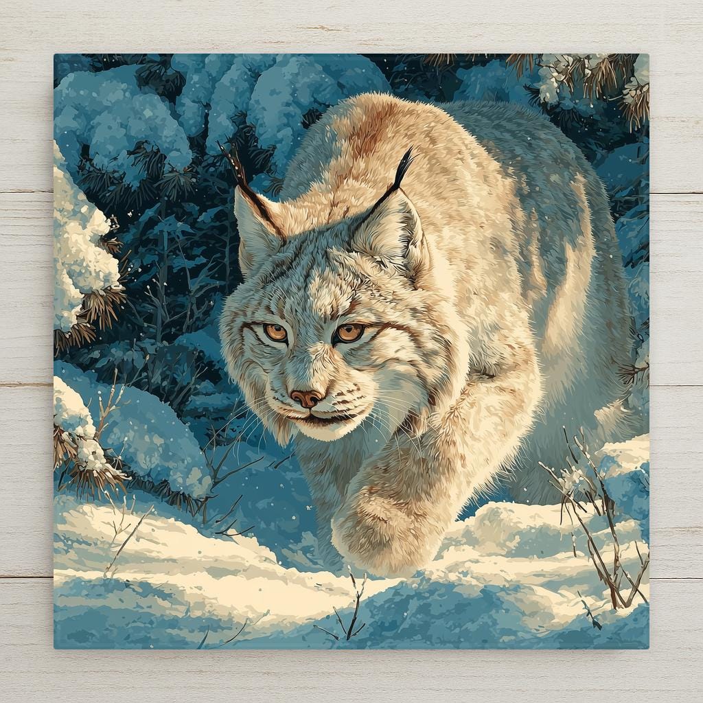Canada lynx ceramic tile wall art showing silver wild cat walking through deep snow in winter boreal forest with snow-laden spruce branches and cool blue-white winter light