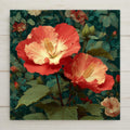 Hibiscus ceramic tile wall art showing large tropical hibiscus flowers in vibrant coral and rose with dramatic stamen against deep green tropical foliage in painterly style