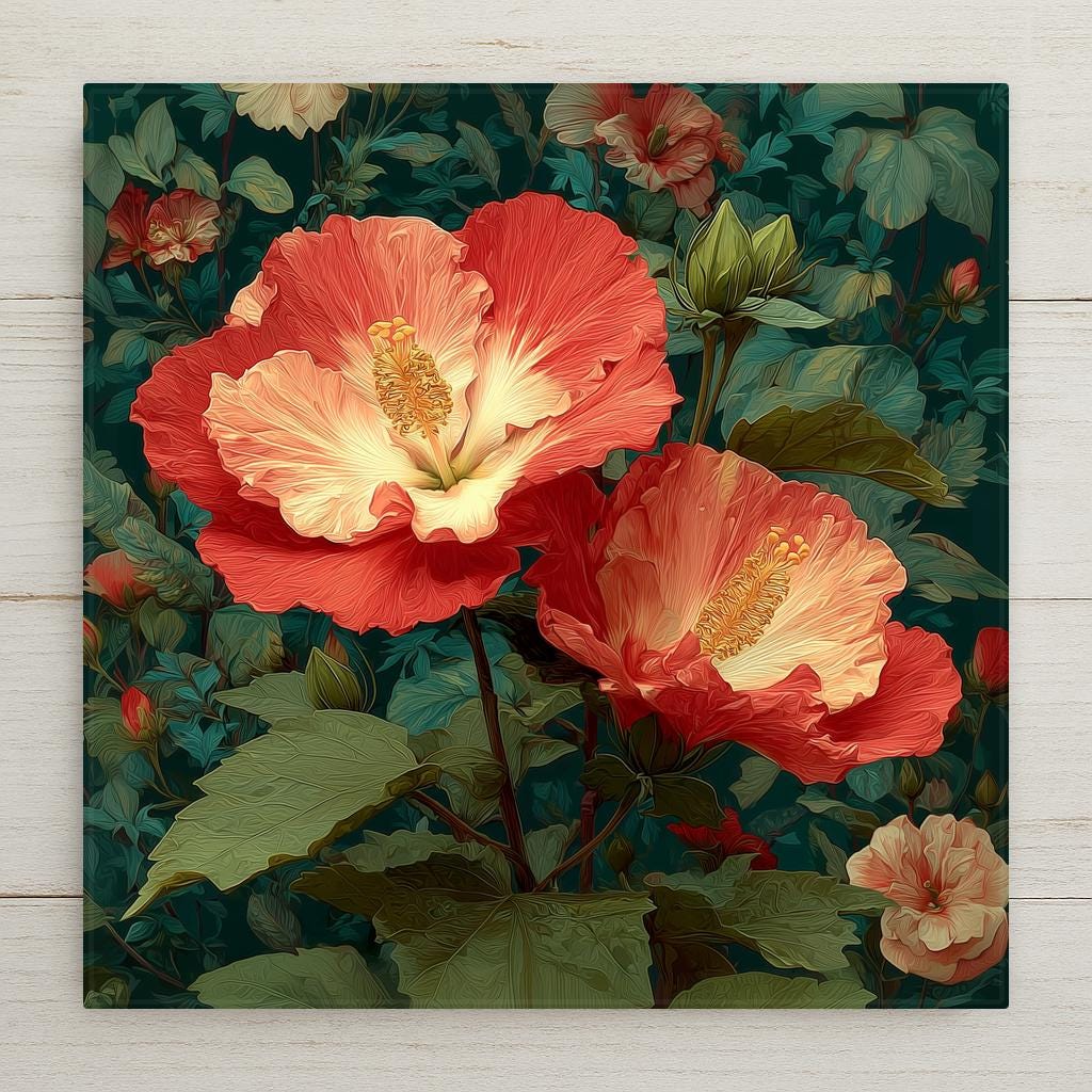 Hibiscus ceramic tile wall art showing large tropical hibiscus flowers in vibrant coral and rose with dramatic stamen against deep green tropical foliage in painterly style