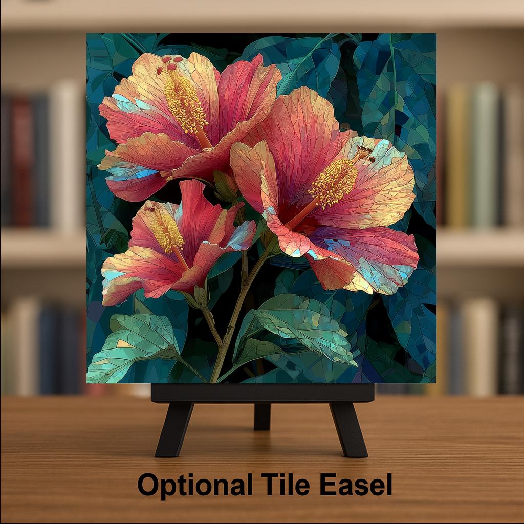 Hibiscus Wall Art Ceramic Tile Stained Glass Style Tropical Gift Floral Decor Hawaiian Nature Art Botanical Gift