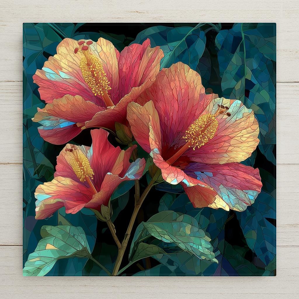 Hibiscus ceramic tile wall art in stained glass style showing dramatic hibiscus blooms with jewel tones of coral rose and gold with luminous lead line segmentation against tropical foliage