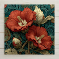 Hibiscus ceramic tile wall art in Art Nouveau style showing ornate flowing botanical design with hibiscus blooms and intertwining tropical stems in rich coral and sage green