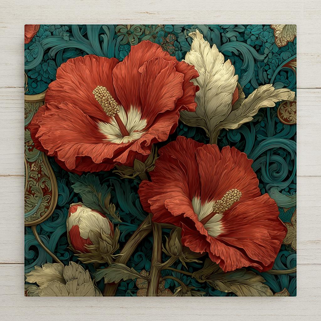 Hibiscus ceramic tile wall art in Art Nouveau style showing ornate flowing botanical design with hibiscus blooms and intertwining tropical stems in rich coral and sage green