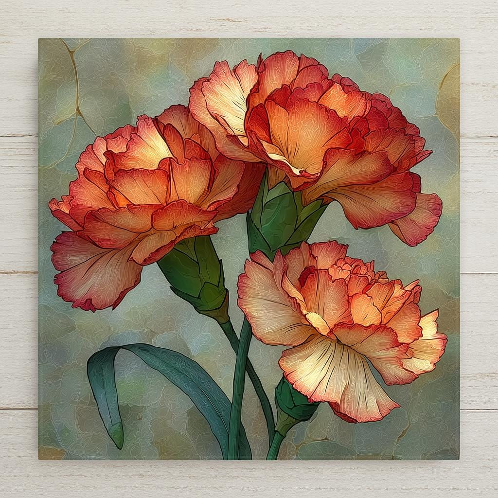 Carnation ceramic tile wall art in stained glass style showing layered ruffled carnation blooms in jewel tones of rose coral and cream with luminous lead line segmentation